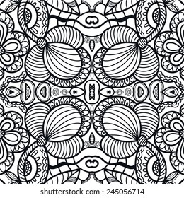 Abstract hand drawn graphic pattern, floral and geometric ornament, seamless texture, ornate vector background black and white