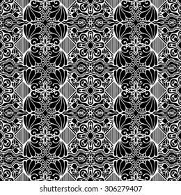Abstract hand drawn graphic pattern, floral and geometric ornament with seamless texture, ornate vector background. Black and white