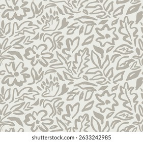 Abstract hand drawn grey palm leaf, leaves, floral ornament seamless pattern with brush texture.
