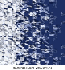 Padrão de linhas de pincel de grade desenhadas à mão abstrata com linhas onduladas e formas orgânicas em azul marinho e branco. Design têxtil ou papel de parede moderno com uma sensação japonesa e tribal
