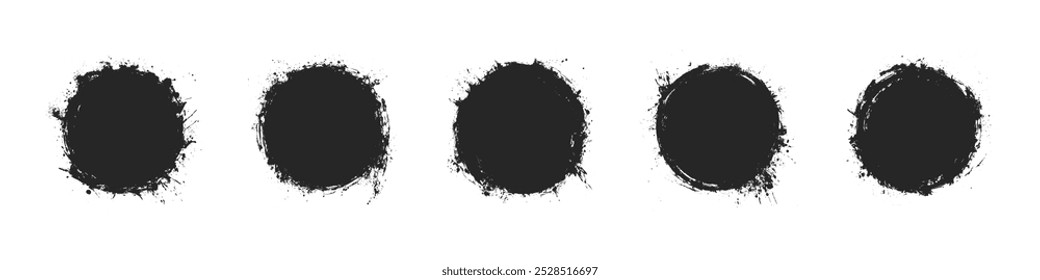 Abstract Hand Drawn Grunge Style Circles Vector Set Isolated on White Background. Artistic Handdrawn Grungy Black Ink Graphic Round Blob Shapes Clip Art Collection. Drawn Stain Dots Design Elements