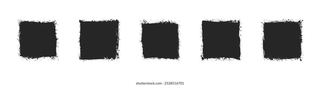 Conjunto de Vector Abstractas de cuadrados de estilo grunge dibujado a mano aislado sobre fondo blanco. Artistic Handdrawn Grungy Tinta negra Rectángulo gráfico en forma de manchas rugosas Arte de Clip Aislar elemento de diseño de pincelada