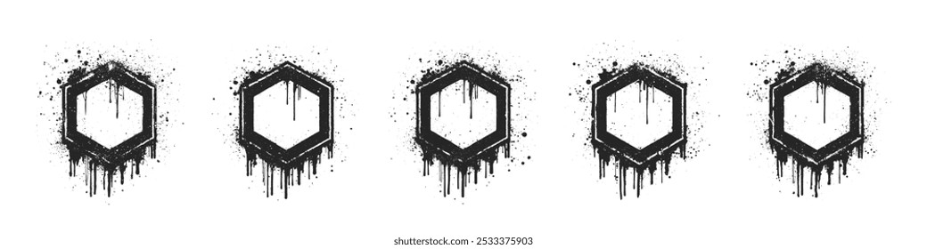 Mão abstrata desenhada Grunge estilo preto hexágono quadros vetor conjunto isolado no fundo branco. Hexágonos gráficos de tinta preta grungy artística desenhado à mão com Splatter e gotas clip-art Design Element