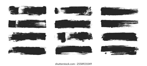 Abstract Hand Drawn Grunge Style Black Ink Dry Brushstrokes Vector Set Isolated on White Background. Artistic Handdrawn Grungy Graphic Rough Brush Stroke Clipart Bundle. Paintbrush Design Element