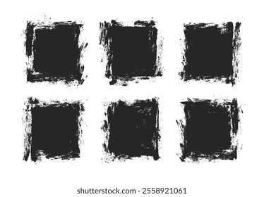 Abstract Hand Drawn Grunge Style Worn Shabby Square Banners Vector Set Isolated on White Background. Artistic Handdrawn Grungy Black Ink Graphics Rough Dry Stains Clip Art. Design Elements Bundle