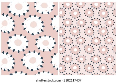 Abstract Hand Drawn Grunge Vector Pattern Set. Circles and Spots of Irregular Shape on a Light Pink Background. Modern Irregular Geometric Seamless Pattern ideal for Fabric. Cool Repeatable  Print.