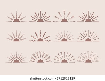 Abstract hand drawn half sun, star burst, sunrise, sunset symbols. Groovy retro sunbeams vector illustrations, sparkle effect.