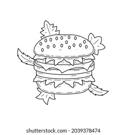 Abstraktes handgezeichnetes Hamburger Cheeseburger Fast Food mit leaves leaf Doodle Konzept Vectordesign Outline-Stil auf weißem Hintergrund einzeln auf einer Rahmenlinie