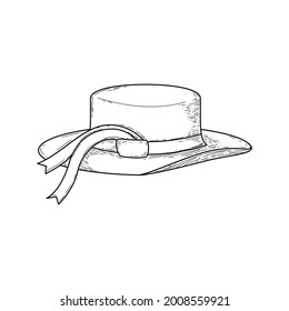Abstract Hand Drawn Hat With Ribbons For Man And Woman Doodle Headdress Wear Concept Vector Design Outline Style On White Background Isolated