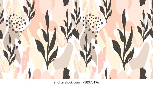 Abstract hand drawn header. Brushstrokes in pastel colors and tree branches. Horizontal seamless pattern.Vector. Covers, Flyers, banners, presentations, books, notebooks.