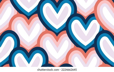 Abstract Hand Drawn Hearts Diagonal Pattern Cute Stylish Trendy Fashion Colors Perfect for Allover Fabric Print or Wrapping Paper Blue Coral Pink Tones