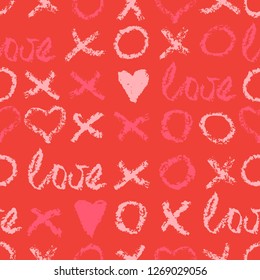 Abstract hand drawn hearts and xoxo phrase. Vector seamless pattern with hearts for background, wallpaper, textile, card, wrapping paper. 