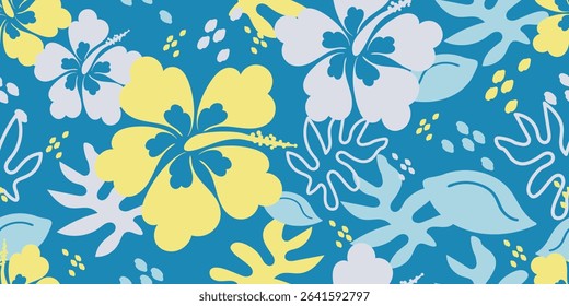 Abstract hand drawn Hibiscus flowers, seamless patterns with floral for fabric, textiles, clothing, poster, cover, banner, wall art, home decor, background. Vector illustration