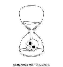 Abstract Hand Drawn Hourglass Time Clock Sand With Skull Doodle Concept Vector Design Outline Style On White Background Isolated Outline