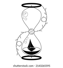 Abstract Hand Drawn Hourglass Time Clock Sand With Ship Doodle Concept Vector Design Outline Style On White Background Isolated Outline