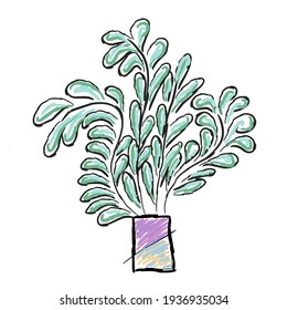 Abstract hand drawn houseplant. Vector illustration of flower leaves in a flower pot. Colorful green design for icon, logo, banner. Line style design for any purposes on white background.