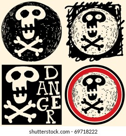 abstract hand drawn icons, doodle skull and crossbones