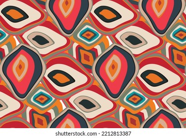 Abstract Hand Drawn Ikat Style Geometric Messy Pattern Trendy Fashion Colors Perfect for Allover Fabric Print or Wrapping Paper Colorful Red Orange Navy Blue Tones