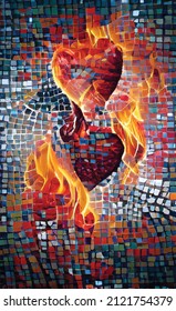 Abstract hand drawn illustration of a burning heart. Design for a poster, postcard for the holiday of saint valentine. Hot feelings of true love and passion.