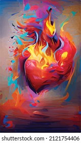 Abstract hand drawn illustration of a burning heart. Design for a poster, postcard for the holiday of saint valentine. Hot feelings of true love and passion.