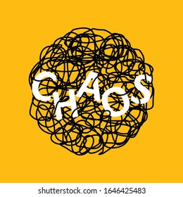 Abstract hand drawn illustration of chaos over tangled mess scribble or doodle on yellow background. Metaphor of problem, difficult situation, chaos and mess. Vector illustration