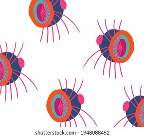 Abstract hand drawn illustration. Multicolored doodle insect shapes  on a white background. Surface doodle bright psychedelic pattern. Template for lettering, card, fabric, wrapping or wallpaper. 