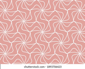 Abstract hand drawn illustration. Simple minimalistic shapes, flowers and lines on a pink background. Surface doodle pattern. Fabric modern ornament. Seamless print.