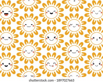 Abstract hand drawn illustration. Simple minimalistic shapes, flowers and suns on a white background. Surface doodle pattern. Kawaii modern ornament. Seamless print. Template for your business.
