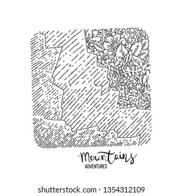 Abstract hand drawn image, engraving style, grunge textured vector illustrations with flowers