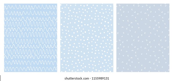 Abstract Hand Drawn Infantile Style Geometric Vector Pattern Set. White Waves, Arches and Dots Isolated on a Various Blue Backgrounds. Simple Irregular Repeatable Geometric Vector Pattern.