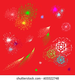 Abstract hand drawn ink background firework ,vector illustration.Design template for icons, logos or graphic elements,  for scrapbook elements.Celebration card.Blue and black sunburst. Red background.