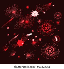  Abstract hand drawn ink background firework ,vector illustration. Design template for icons, logos or graphic elements,  for scrapbook elements. Celebration card. Red sunburst.