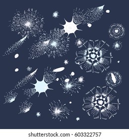  Abstract hand drawn ink background firework ,vector illustration. Design template for icons, logos or graphic elements,  for scrapbook elements. Celebration card. Blue background.