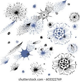 Abstract hand drawn ink background firework ,vector illustration.Design template for icons, logos or graphic elements, for scrapbook elements.Celebration card.Blue and black sunburst.White background.