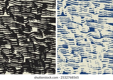 Abstrato mão desenhada tinta pincel linha padrão superfície, fio tecelagem, vime, cestaria, madeira esculpindo design em azul índigo e branco, textura de fundo estilo expressão bom para estacionário, têxtil