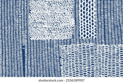 Abstraktes, handgezeichnetes Tintenbürstenmuster, japanischer unregelmäßiger, einfacher Strichkunsthintergrund in Indigo-Blau und Weiß, Stricken, Weben, Korb, im Holzschnitzerei-Stil, Textil-Design-Illustration