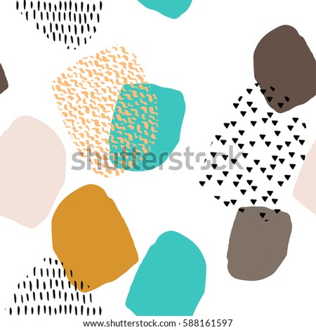 Abstract hand drawn ink brush strokes and paint splashes with glitter textures, seamless vector pattern