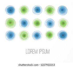 Abstract hand drawn ink texture. Blue and green watercolor circles. Ink wash painting on white background. Green and blue watercolor texture