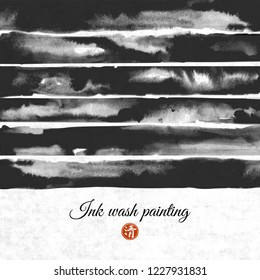 Abstract hand drawn ink texture. Black ink wash painting on white background. Traditional Japanese ink wash painting sumi-e