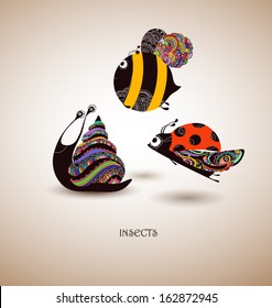 Abstract hand drawn insects. Snail, ladybird and bee, vector illustration