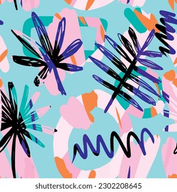 Abstract Hand Drawn Irregular Floral Seamless Vector Pattern. Colorful Tropical Leaves Isolated on a Light Blue Background. Simple Abstract Garden Repeatable Design. Vivid Colors Floral Endless Print.