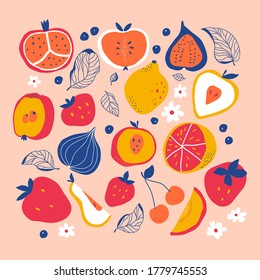 Abstract hand drawn isolated set of decorative fruits for print or decor. Vector illustration.