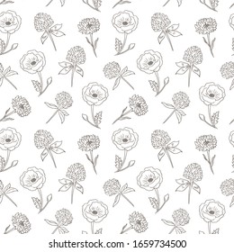 Abstract hand drawn isolated vector wild flowers seamless pattern. Decorative card, art design, herbal wallpaper, vintage scrap book