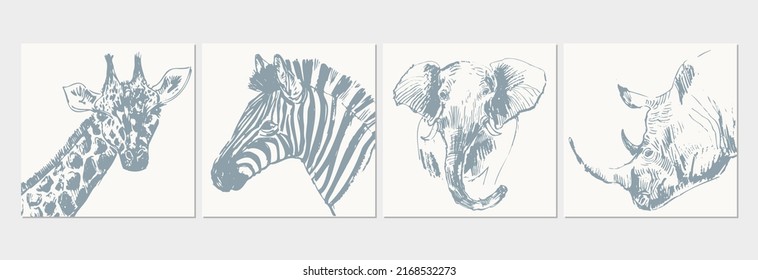 Abstract hand drawn jungle animals portrait illustration. Vector pencil sketch of giraffe, elephant, zebra, rhino. For poster, nursery art, nature background.
