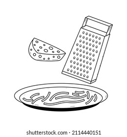 Abstract Hand Drawn Kitchen Stuff Grating Cheese Doodle Concept Vector Design Outline Style On White Background Isolated For Cooking