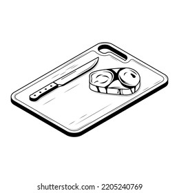 Abstract Hand Drawn Kitchen Stuff Cutting Meat On A Cutting Board Meat Meal Doodle Concept Vector Design Outline Style On White Background Isolated For Cooking