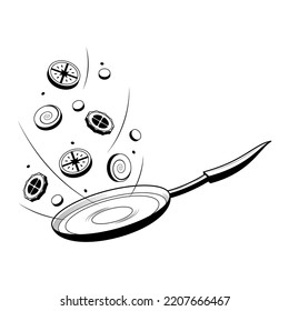 Abstract Hand Drawn Kitchen Stuff Frying Pan With Vegetables Meat Meal Doodle Concept Vector Design Outline Style On White Background Isolated For Cooking