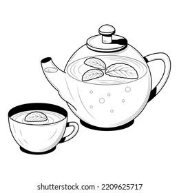 Abstract Hand Drawn Kitchen Stuff Kettle Leaves With Cup Of Tea Meal Doodle Concept Vector Design Outline Style On White Background Isolated For Cooking
