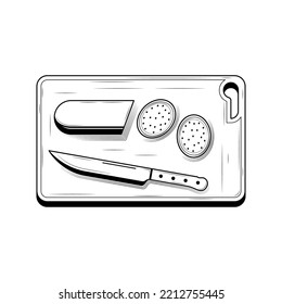 Resumen De La Cocina Dibujada Por La Mano De La Mano Cubriendo La Salchicha Y La Cuchilla En El Cubierta De La Comida Doodle Concepto Vector Diseño Estilo Contorno De Fondo Blanco Aislado Para Cocinar