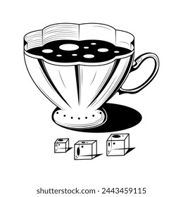 Abstract Hand Drawn Kitchen Stuff A Cup Of Tea With A Sugar Doodle Concept Vector Design Outline Style On White Background Isolated For Cooking